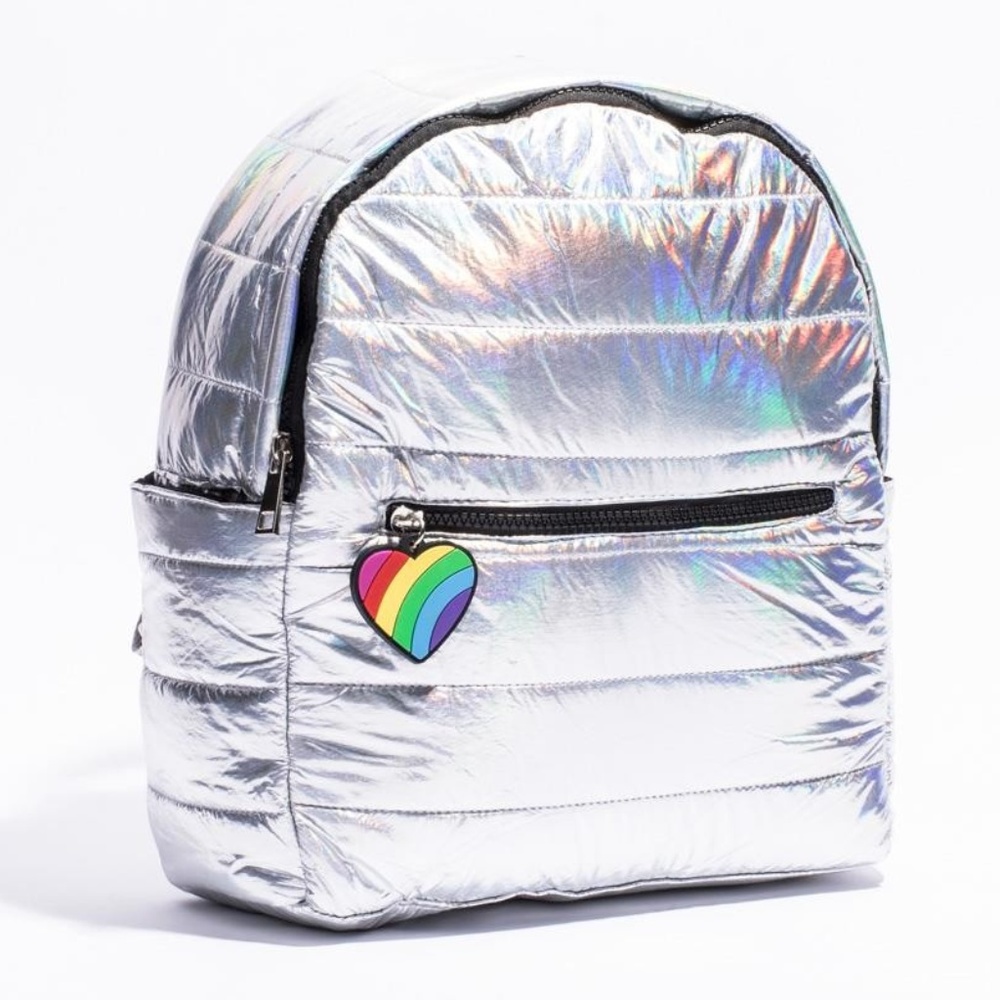 NEW Puff rainbow heart silver backpack